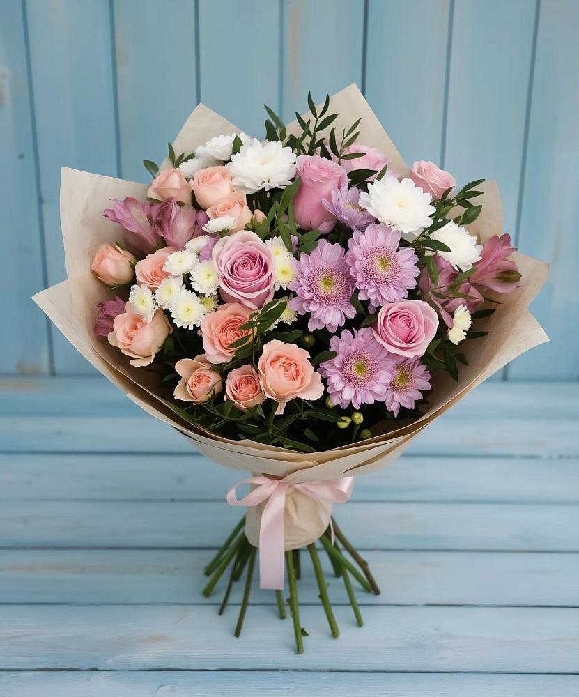 Букет цветов из: Хризантемы, Розы и Альстромерии в Пески