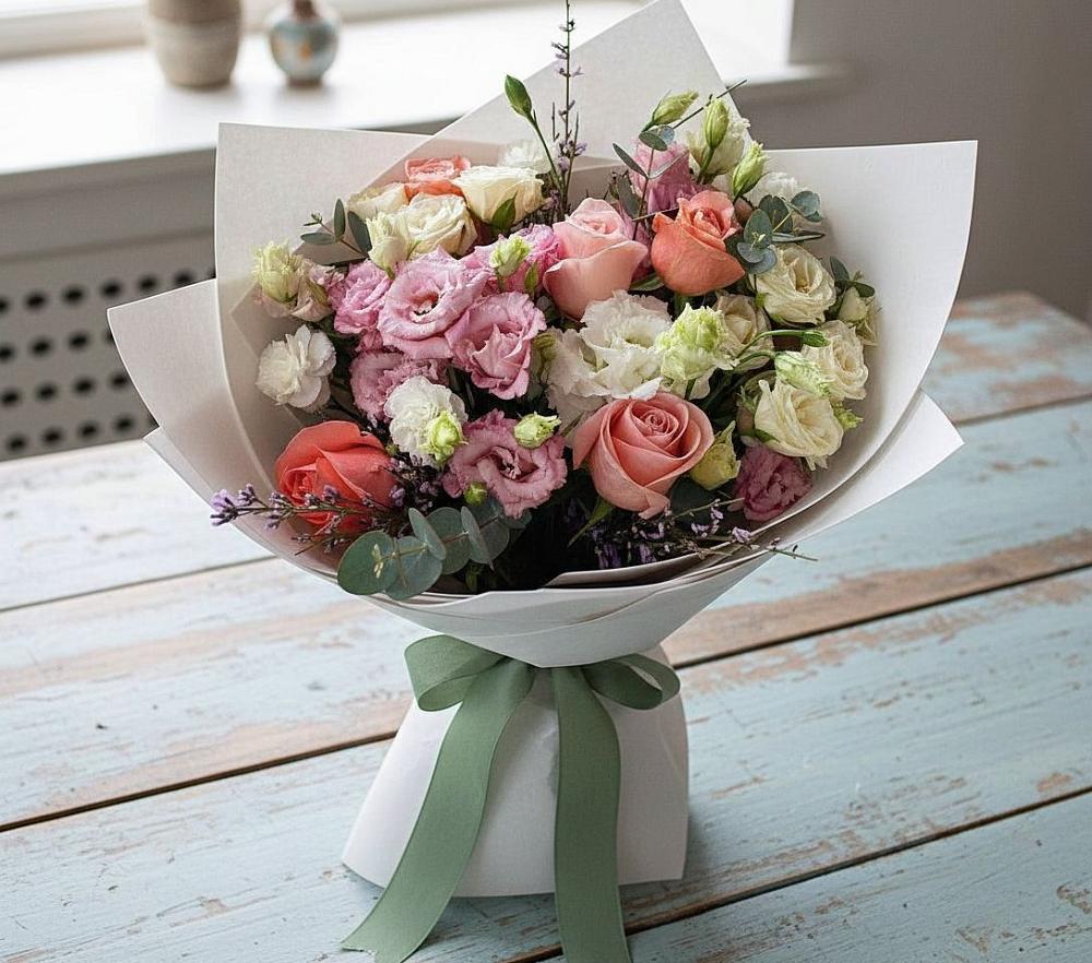 Букет цветов из: Розы, Лизиантусы и Гвоздики в Пески
