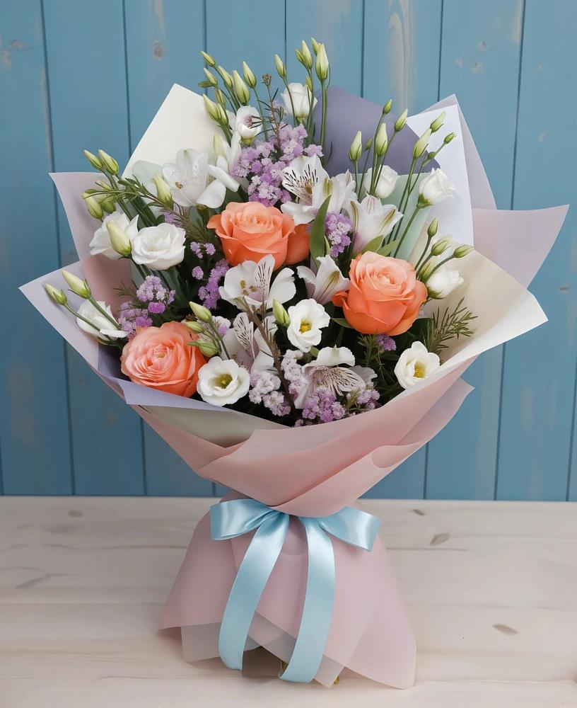 Букет цветов из: Лизиантусы, Розы, Альстромерии и Гипсофила в Пески