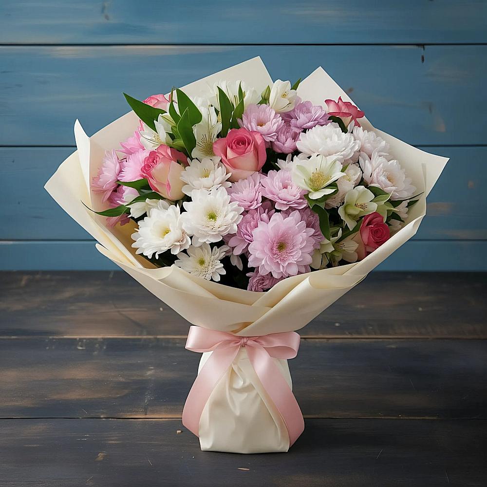 Букет цветов из: Хризантемы, Альстромерии и Розы в Пески